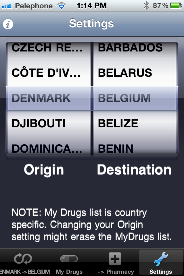 Launch Drug Passport, choose your origin and your destination